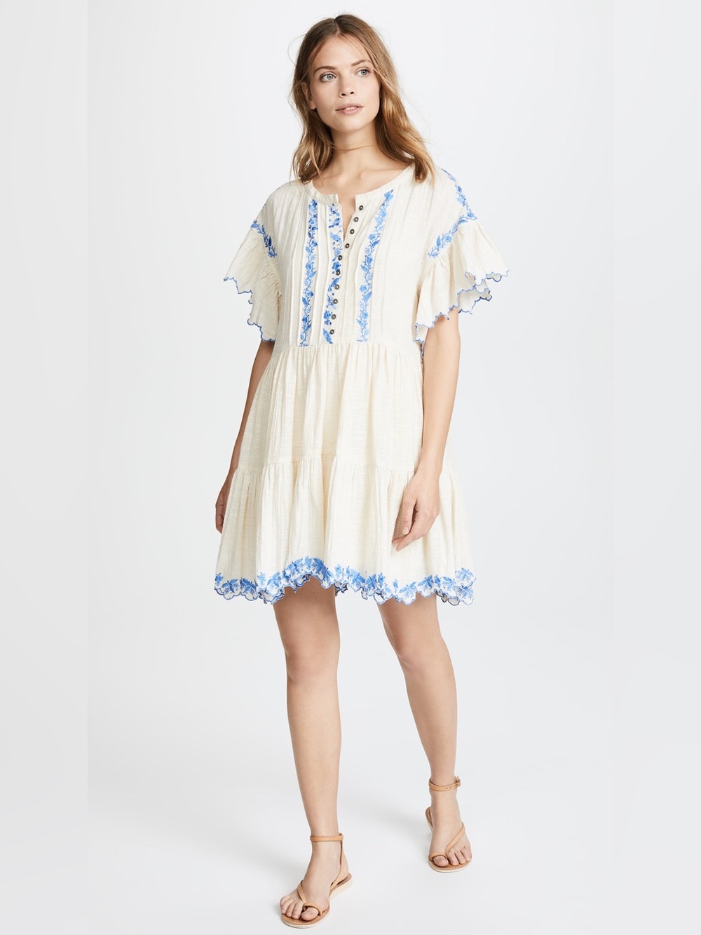 Free People Santiago Embroidered Boho Mini Babydoll Dress Medium M